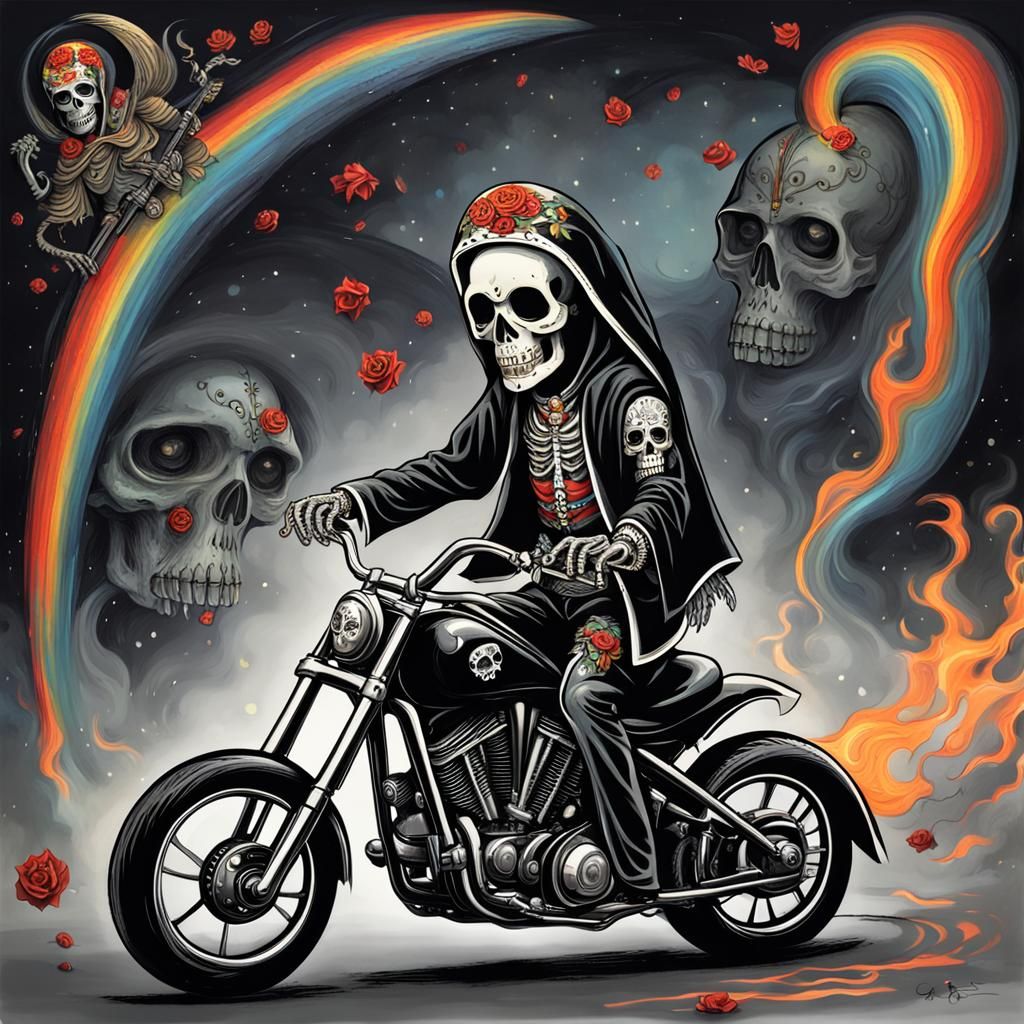 Santa Muerte Rides a Motorcycle