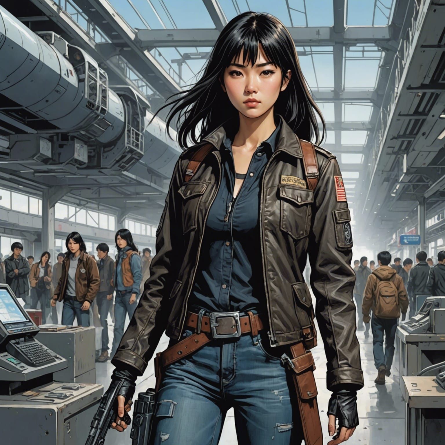 Sci-Fi Gunfighter in Crowded Wasteland Airport