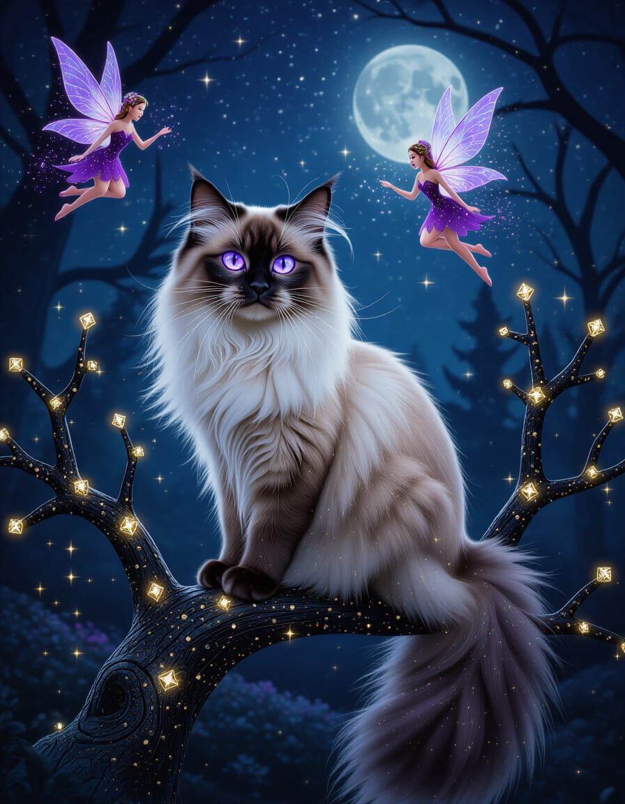 Mystical Siamese Cat in Dark Fantasy Forest