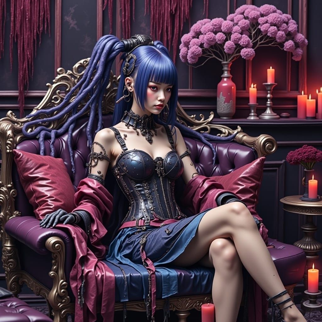 Cyberpunk Corroded Girl in Elegant Indigo Corset and Cyberne...