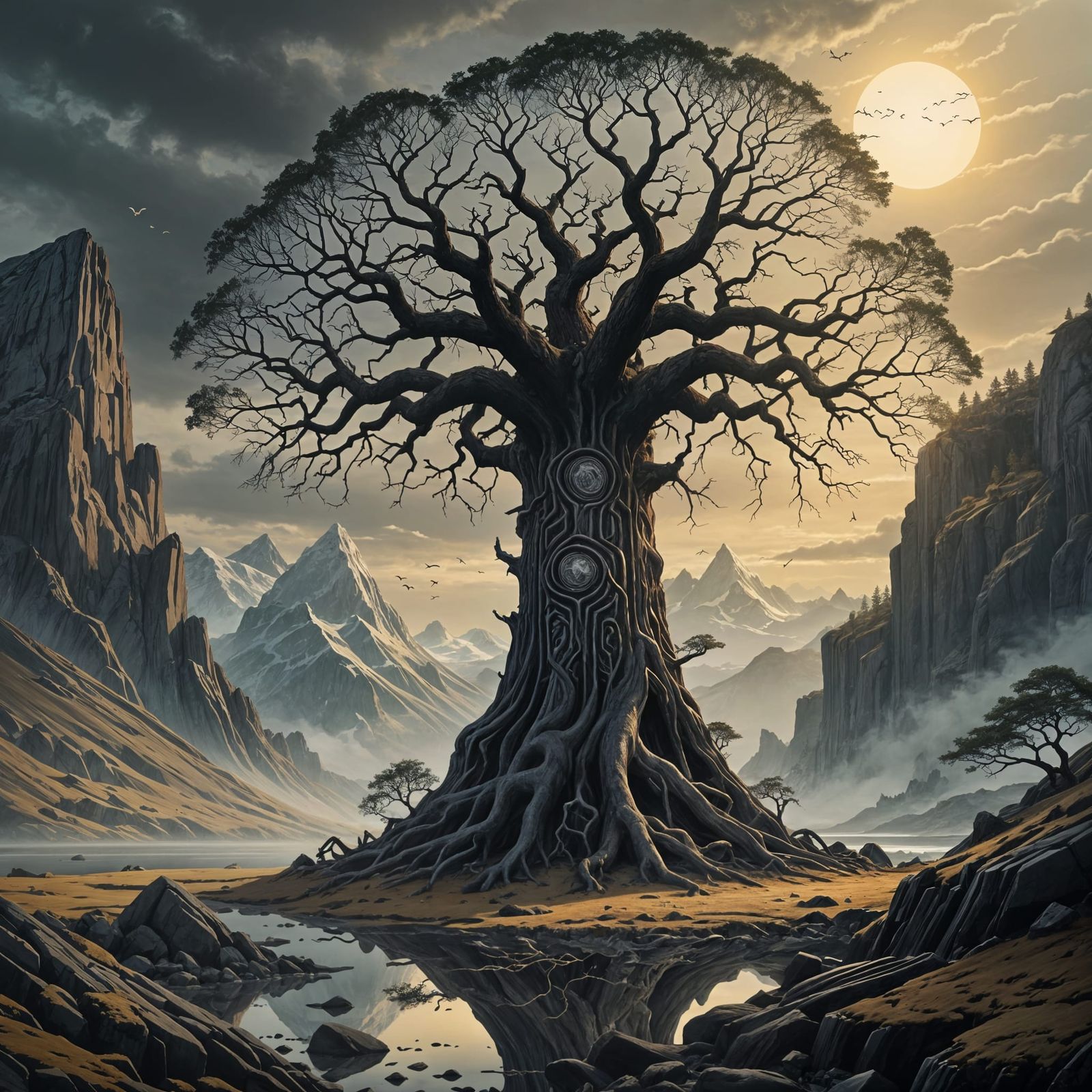 Surreal Norse Tree of Life Silhouetted in Black