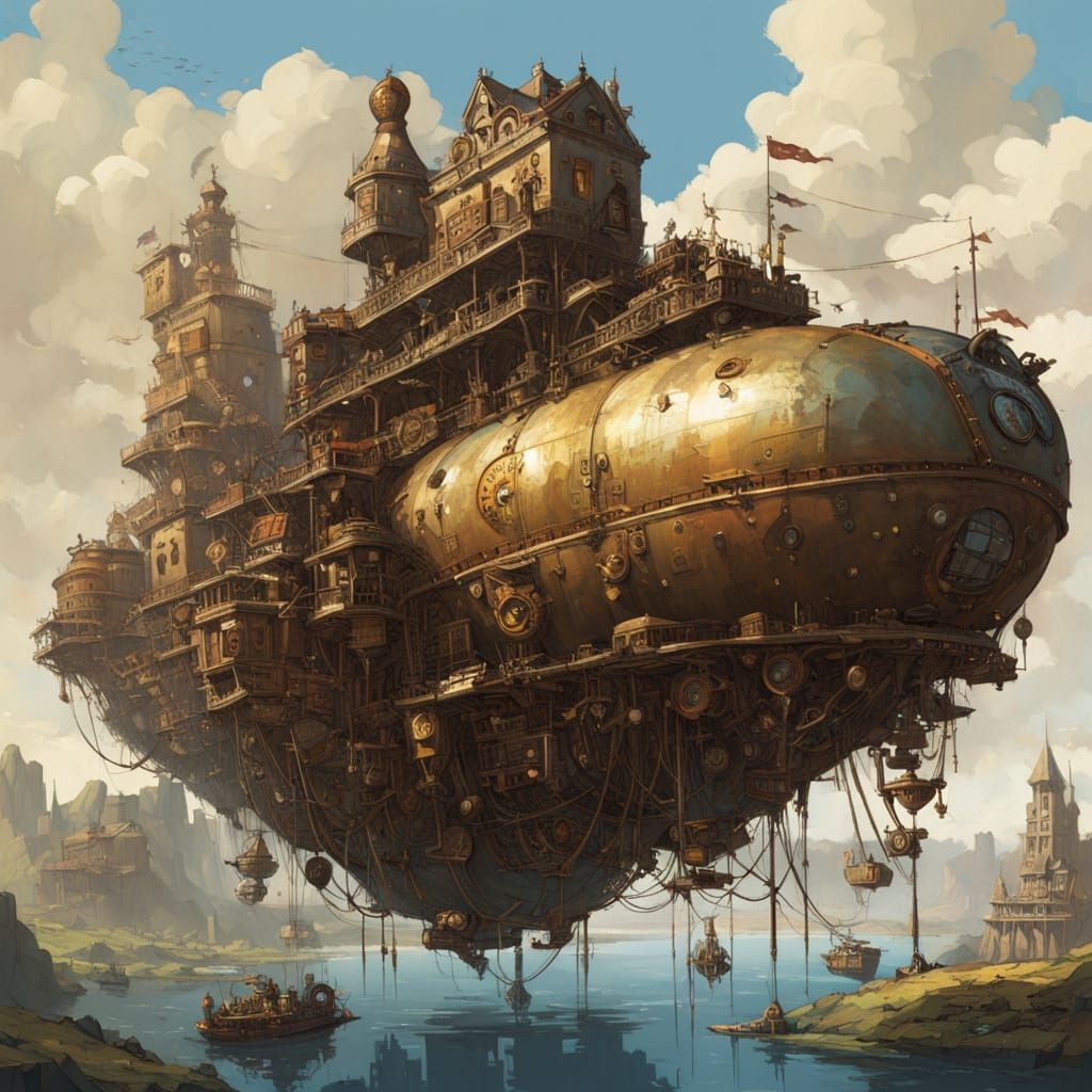 Steampunk Airship Over Clockwork City, Oil Painting Style