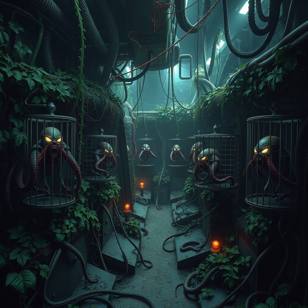 Alien Zoo with Tentacled Creatures in Biomechanical Style