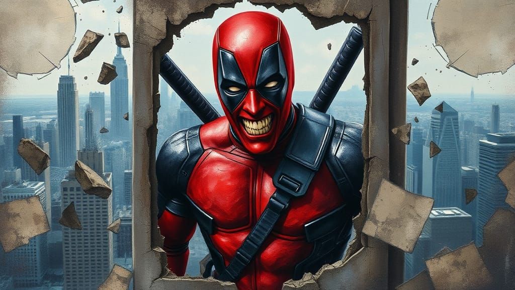 Deadpool Breaks Through in Watercolor Impasto