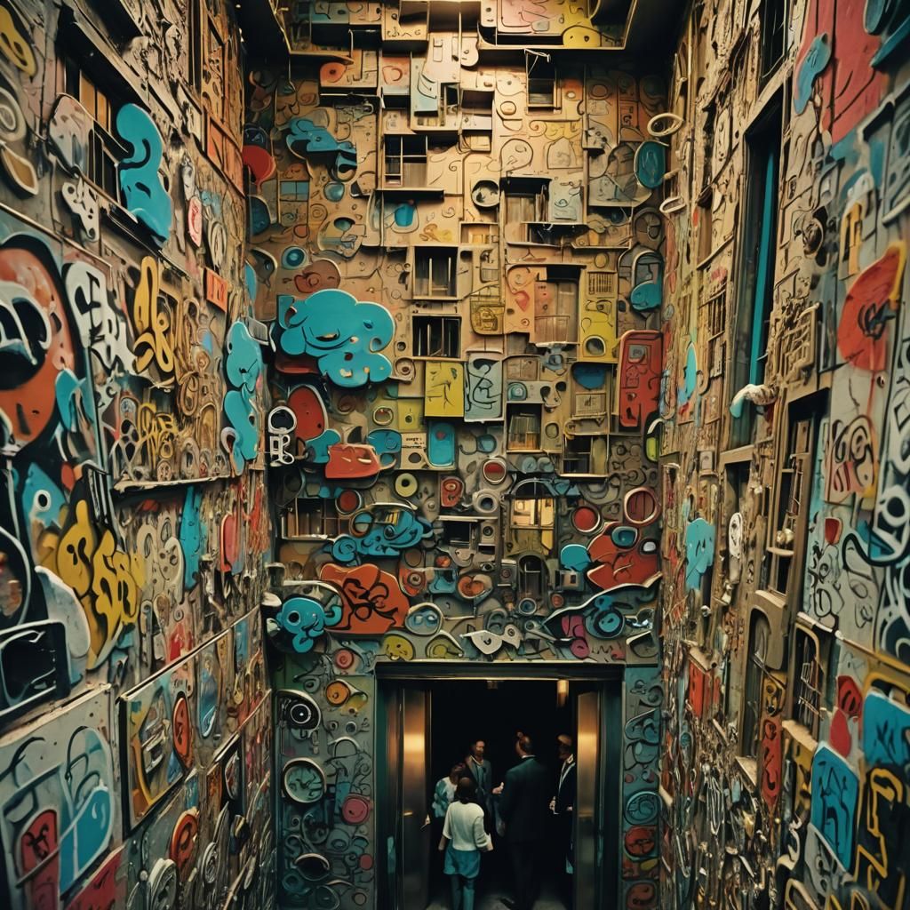 Surreal Elevator Scene with Dreamlike Colors and Distorted G...