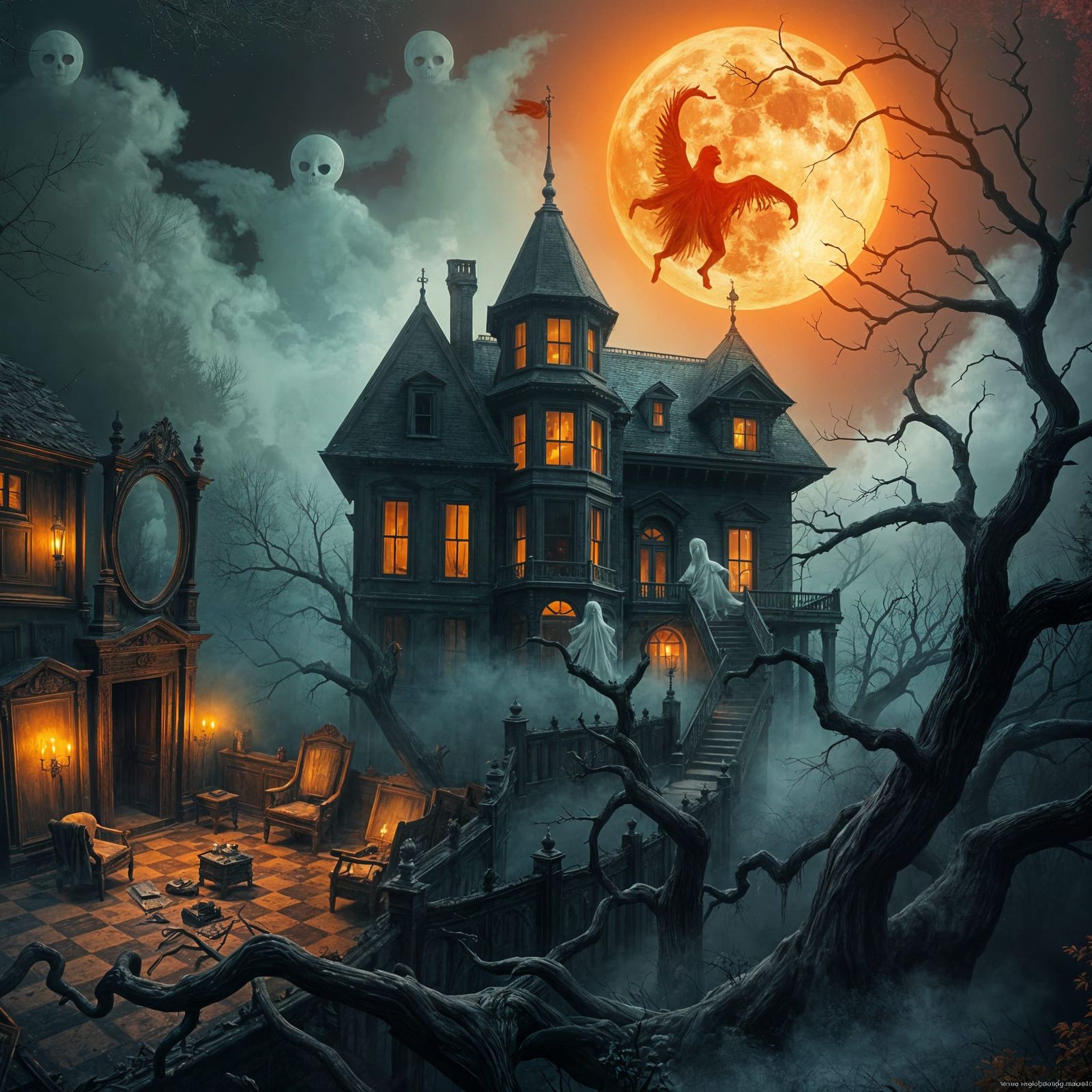 Haunted House Mirrors Reflecting Shadowy Figures