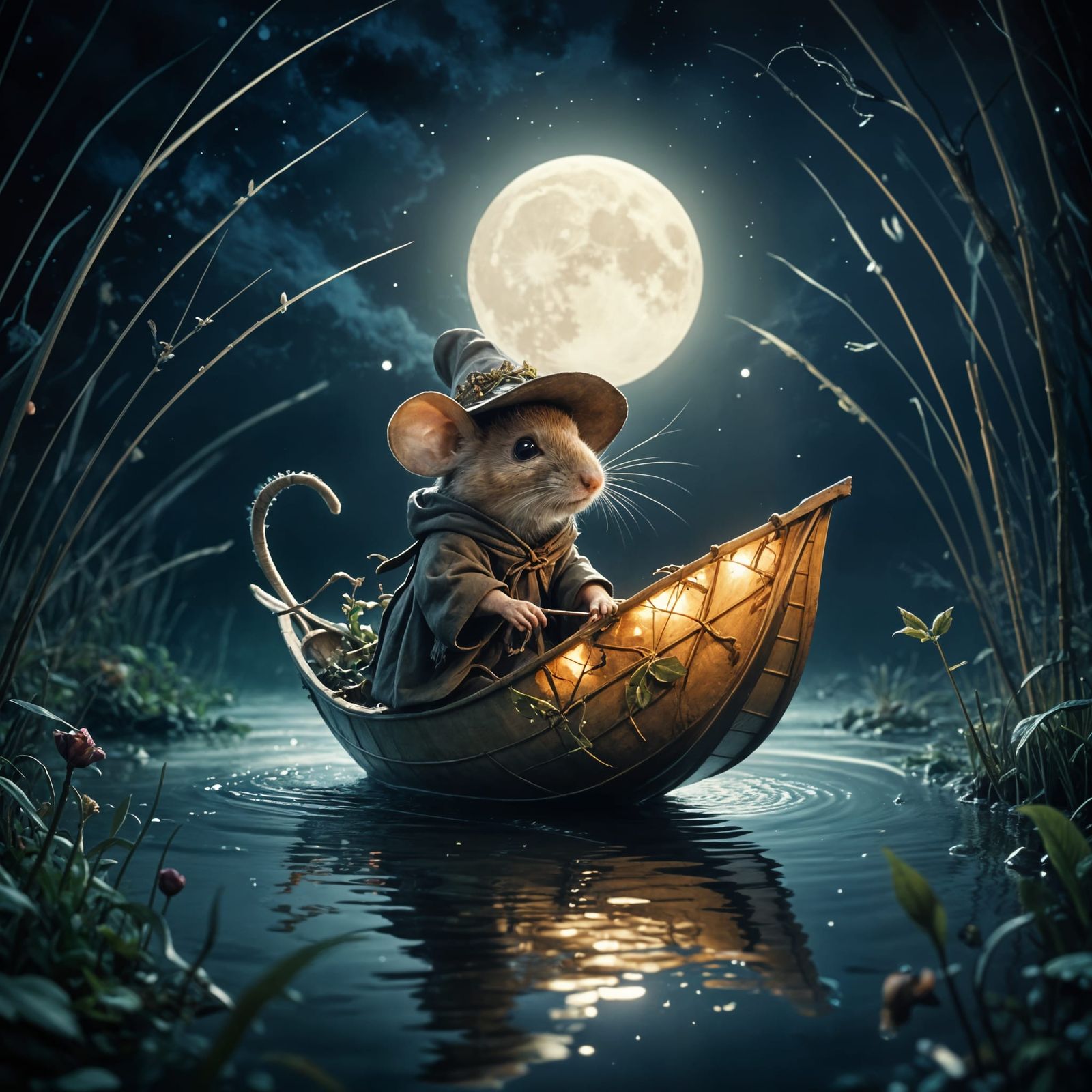 Mouse on Leaf Boat in Moonlit Night