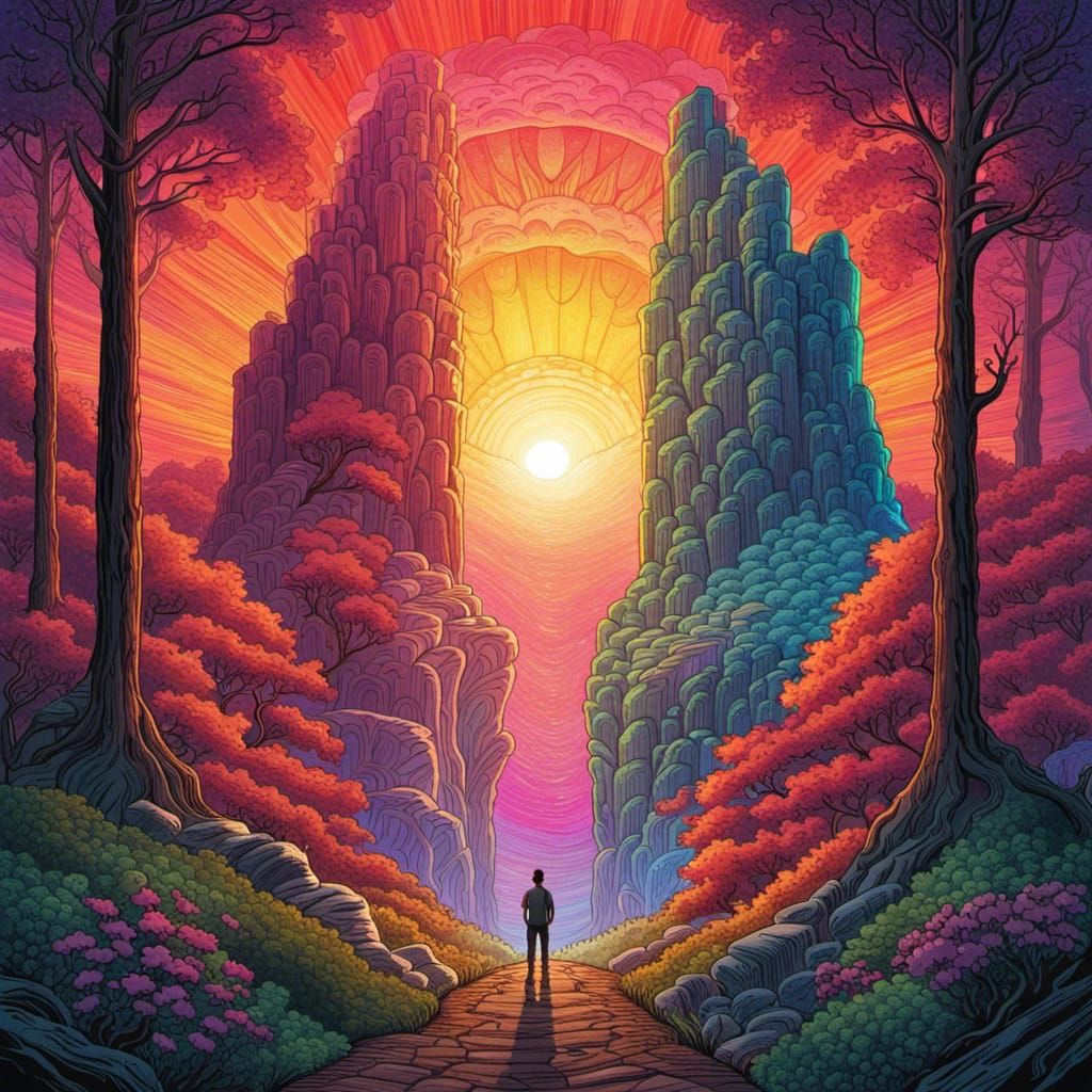 Magical Stone Portal in Forest at Sunset