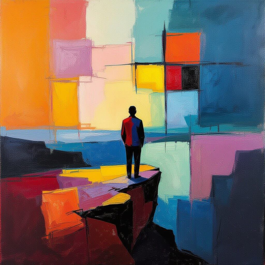 Man Contemplates Abstract Landscape in Bold Expressionist St...