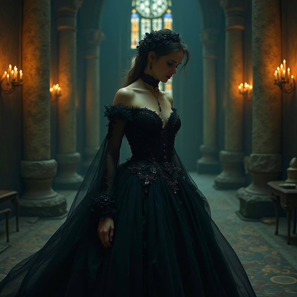 Mysterious Gothic Woman in Elegant Evening Gown
