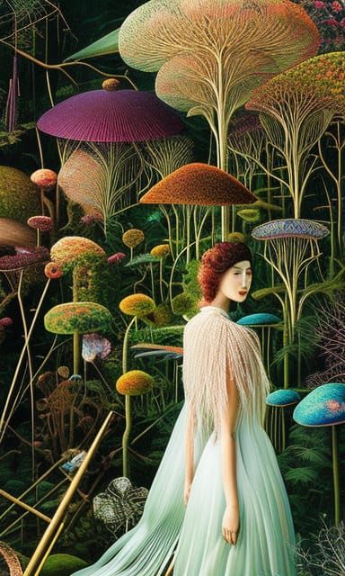 Woman Hacking Mycelium Network in Warped Forest Perspective