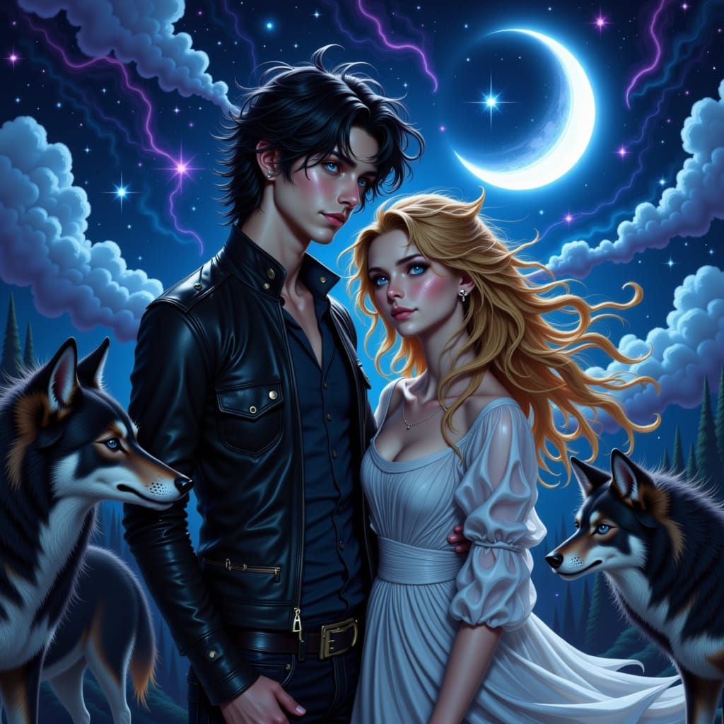 Ethereal Couple Under Moonlight with Wolves