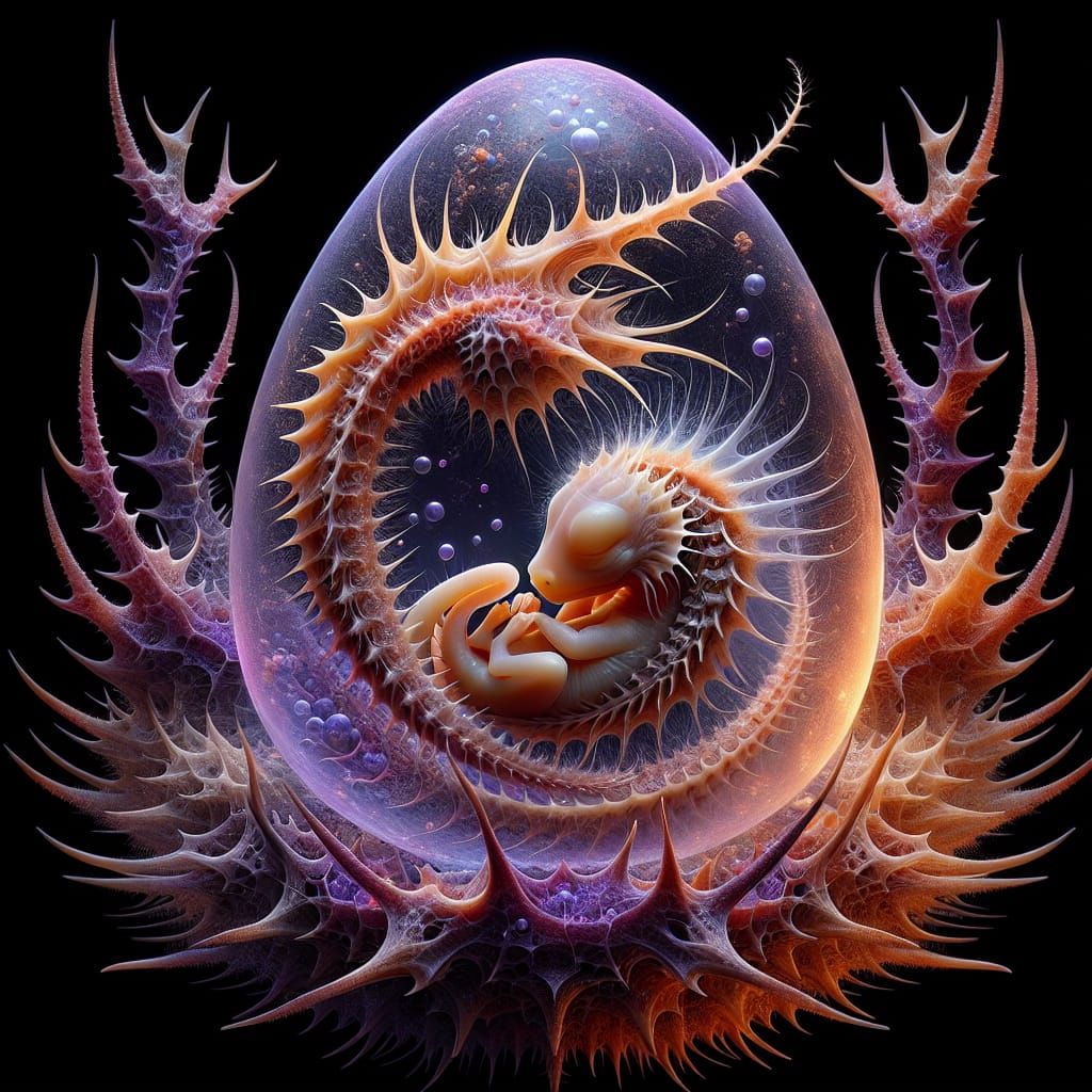 Fantastically Detailed Dragon Embryo in Transparent Egg