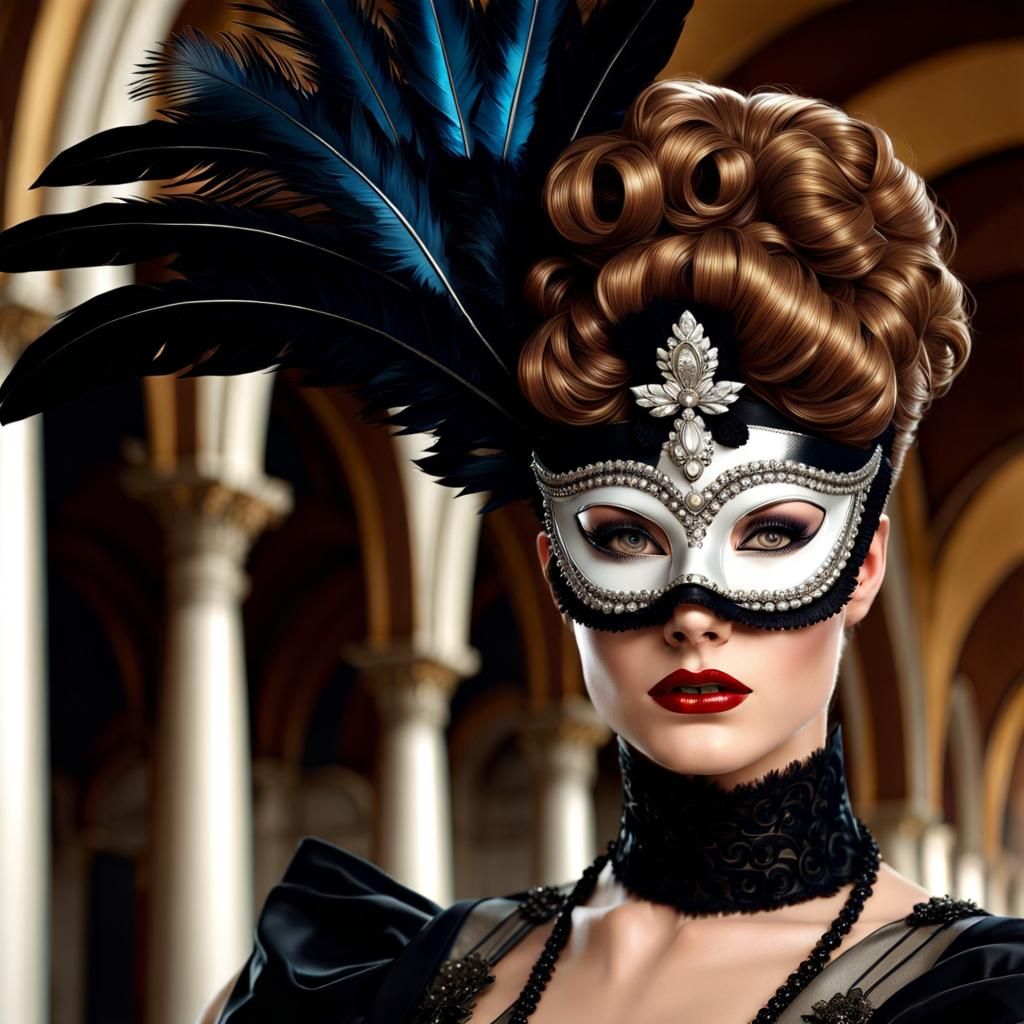 Elegant Woman with Silver Mask in Venetian Palace