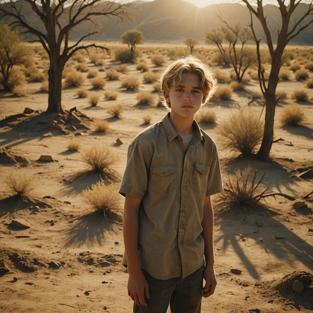 Heroic Teen in Sun-Drenched Landscape: Cinematic Still