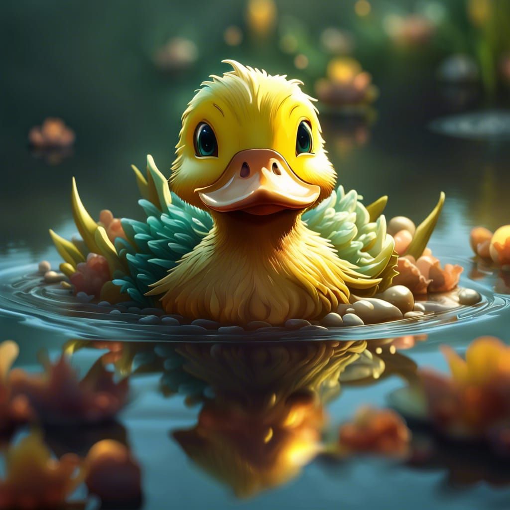 Adorable Chibi Duck Dragon on Water, Anime CGI