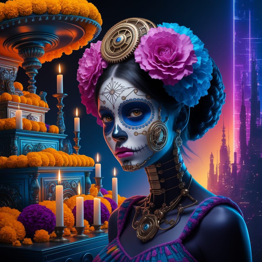 Biomechanical Day of the Dead in Futuristic Cityscape