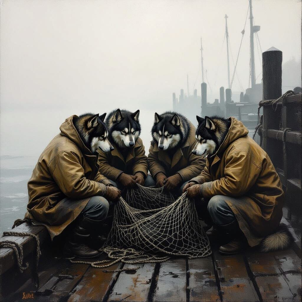 Grizzled Huskies Mend Nets on Foggy Pier in Realistic Oil Pa...
