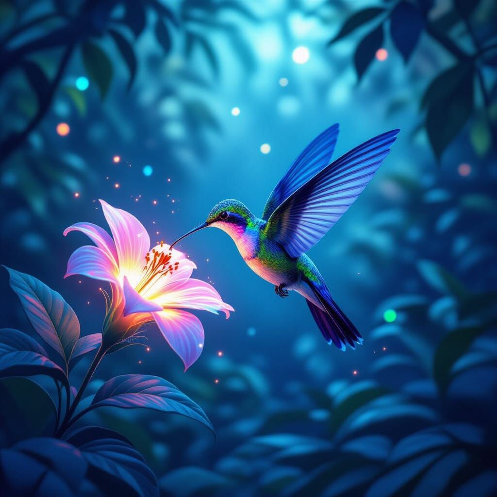 Bioluminescent Hummingbird in Jungle Valley