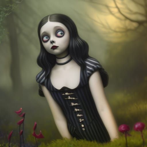 Wednesday Addams in Garden: Artgerm and Burton Style
