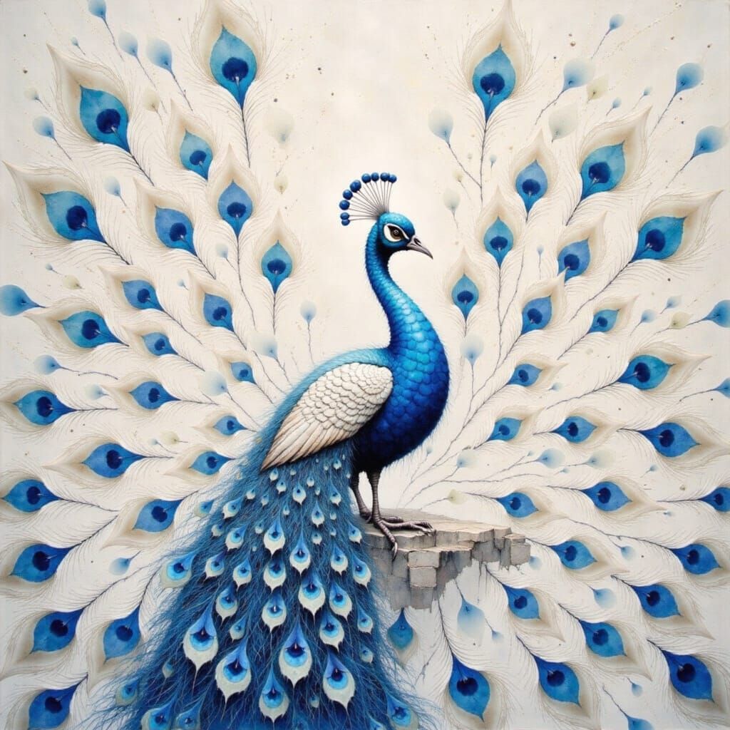Vibrant Whimsical Peacock Unfurls Majestic Blue and White Fe...