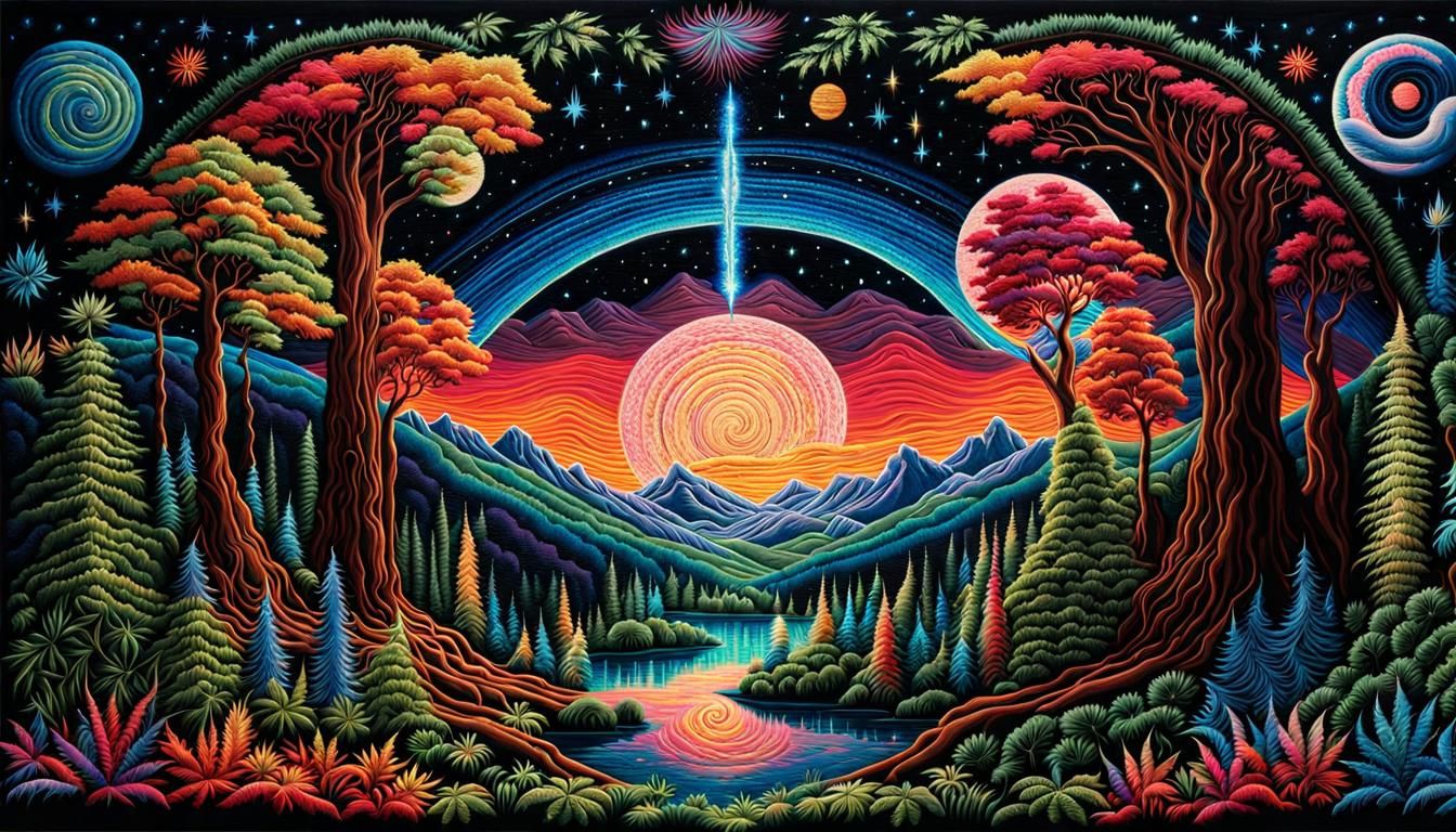 Celestial Embroidered Tapestry of Stardust and Cannabis