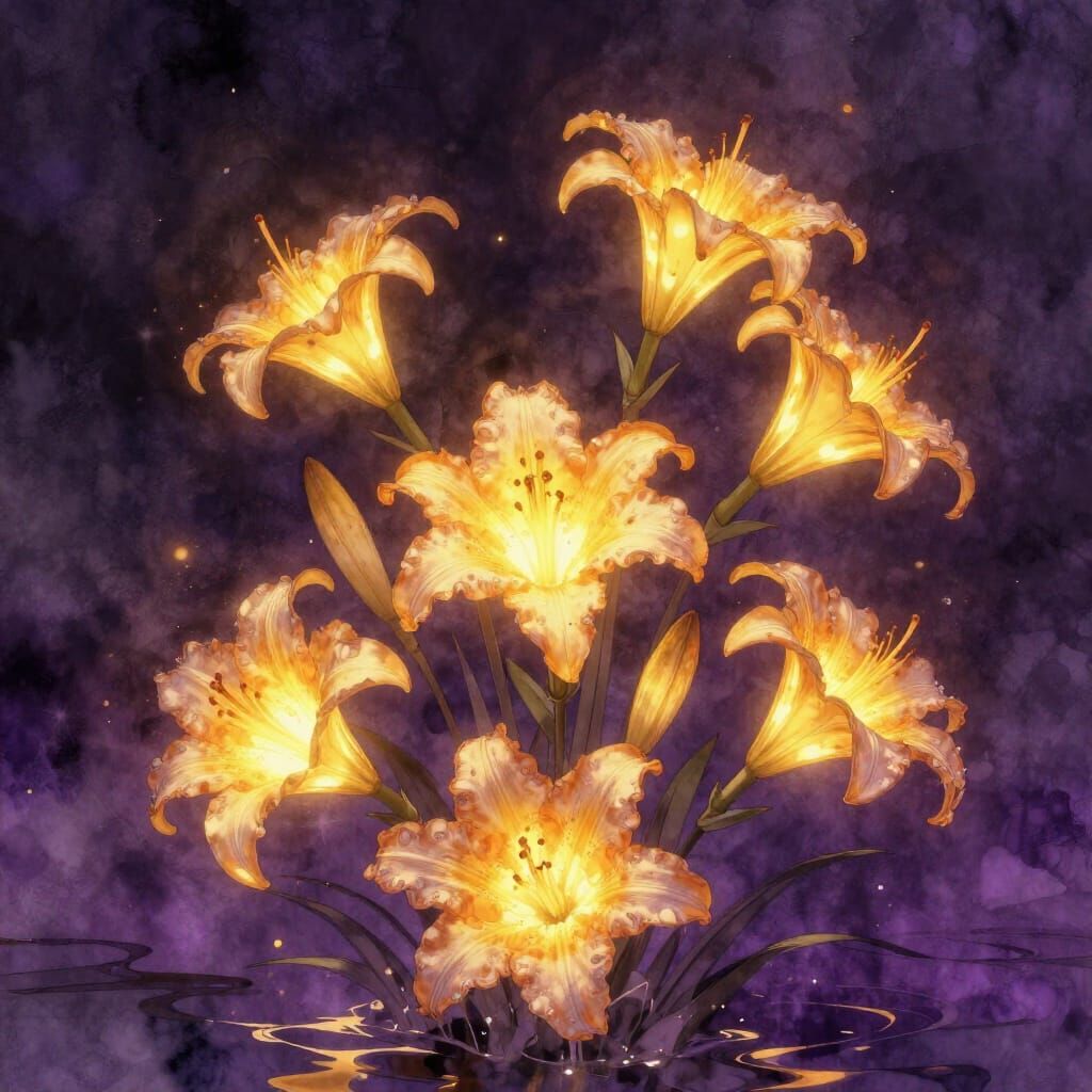 Glowing Flame Lilies in Watercolor Style