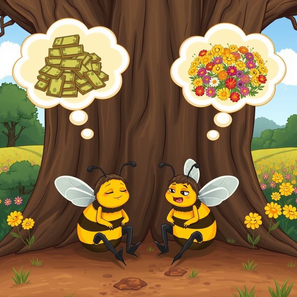 Two Bees Daydreaming of Wealth and Floral Abundance in a Whi...