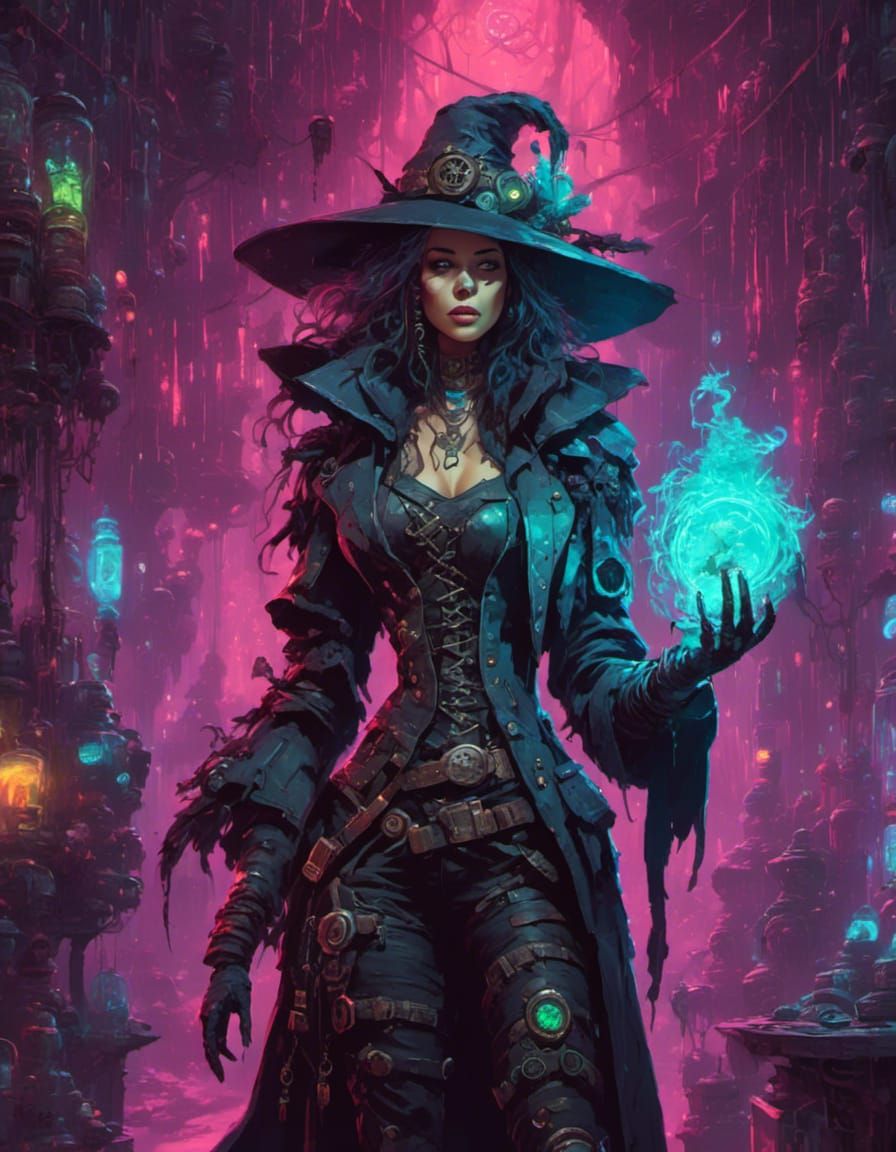 Cyberpunk Witch Apothecary in Dark Fantasy Neon Style