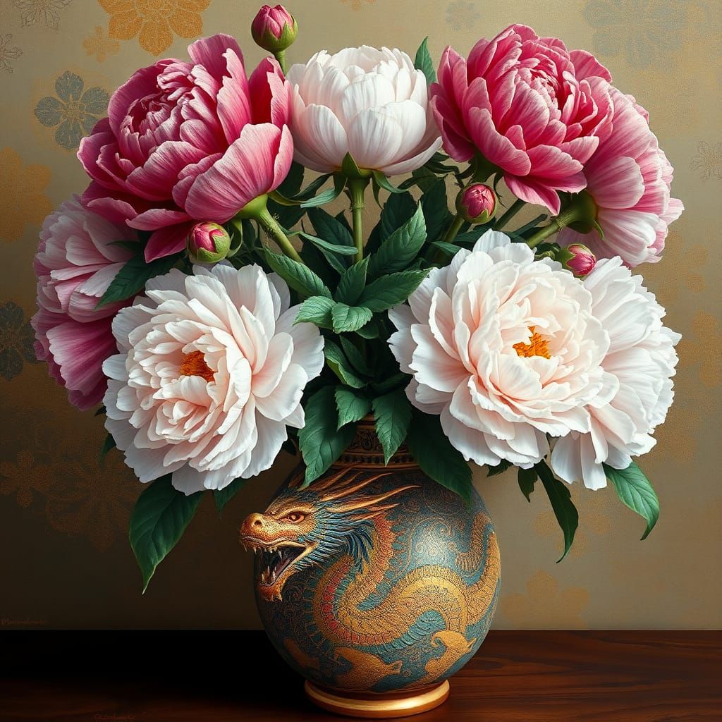 Peonies Bouquet in Dragon Vase, Klimt-Inspired Oil Gouache