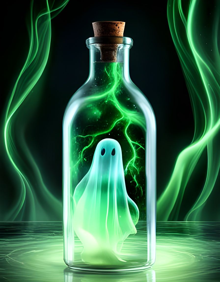 Ethereal Ghost Inside Bottle with Cosmic Night Sky