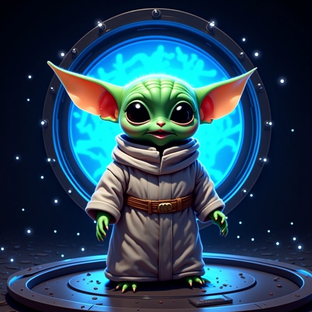 Baby Yoda Digital Illustration with Futuristic Window