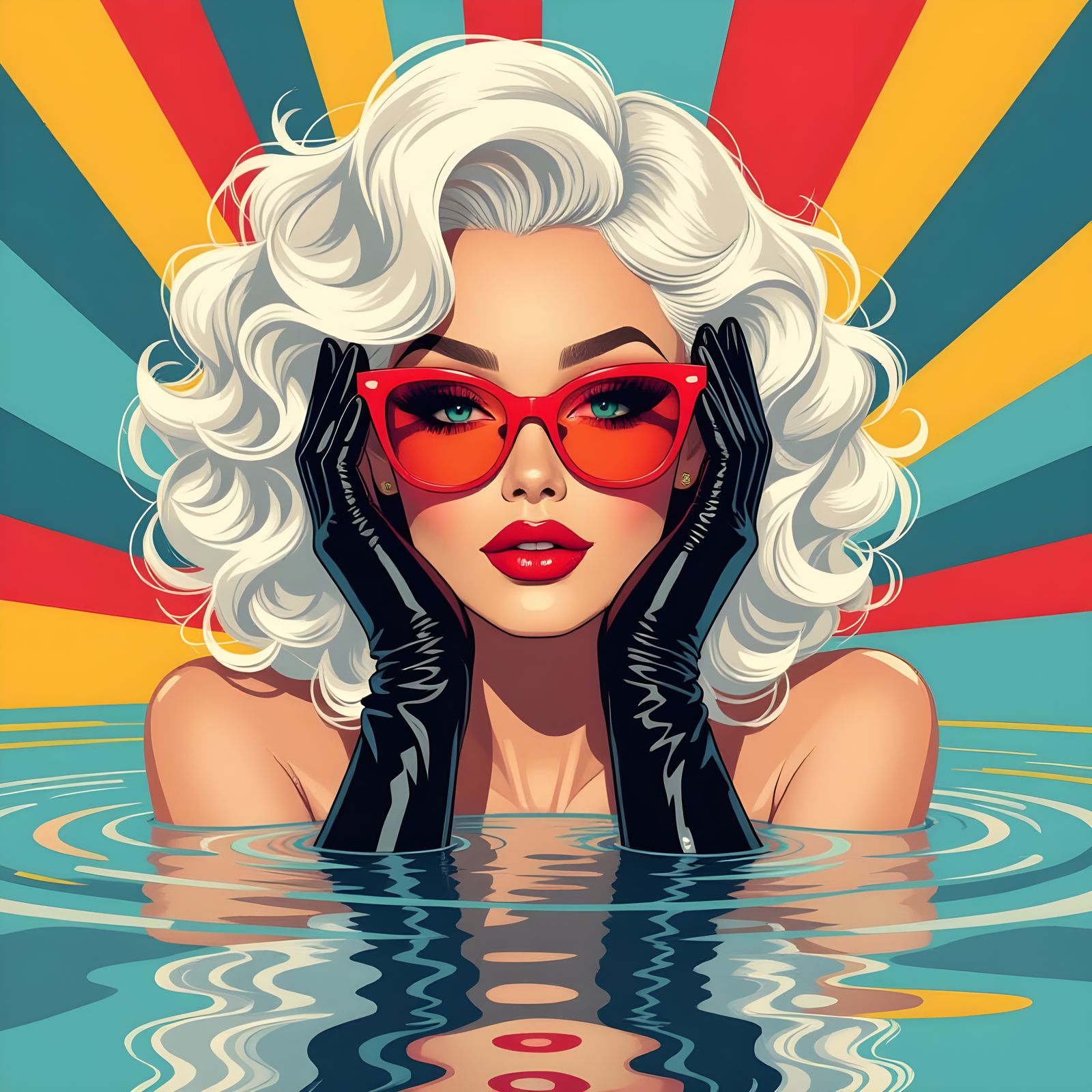Pop Art Puddle with Curly Hair and Red Glasses