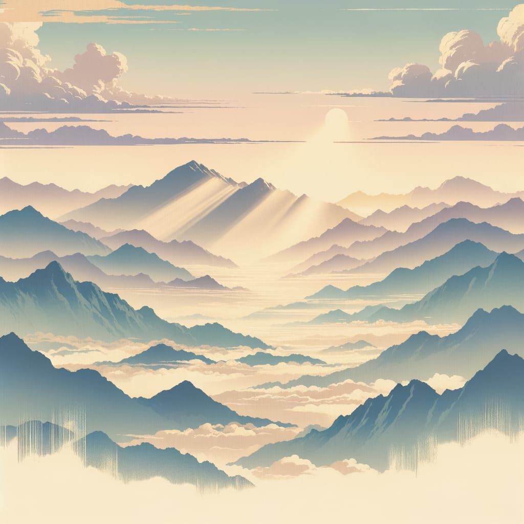 Serene Mountaintop Dawn in Japanese Ink Wash Style