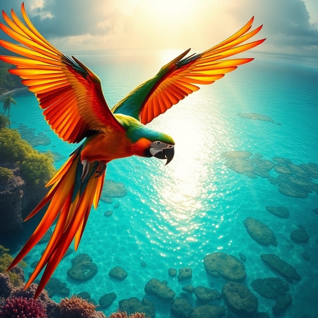 Parrot Soaring Over Tropical Lagoon, Colorful Painting