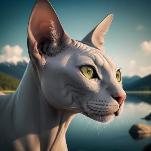 Hyperrealistic Sphynx Cat Portrait Beside Mountain Lake