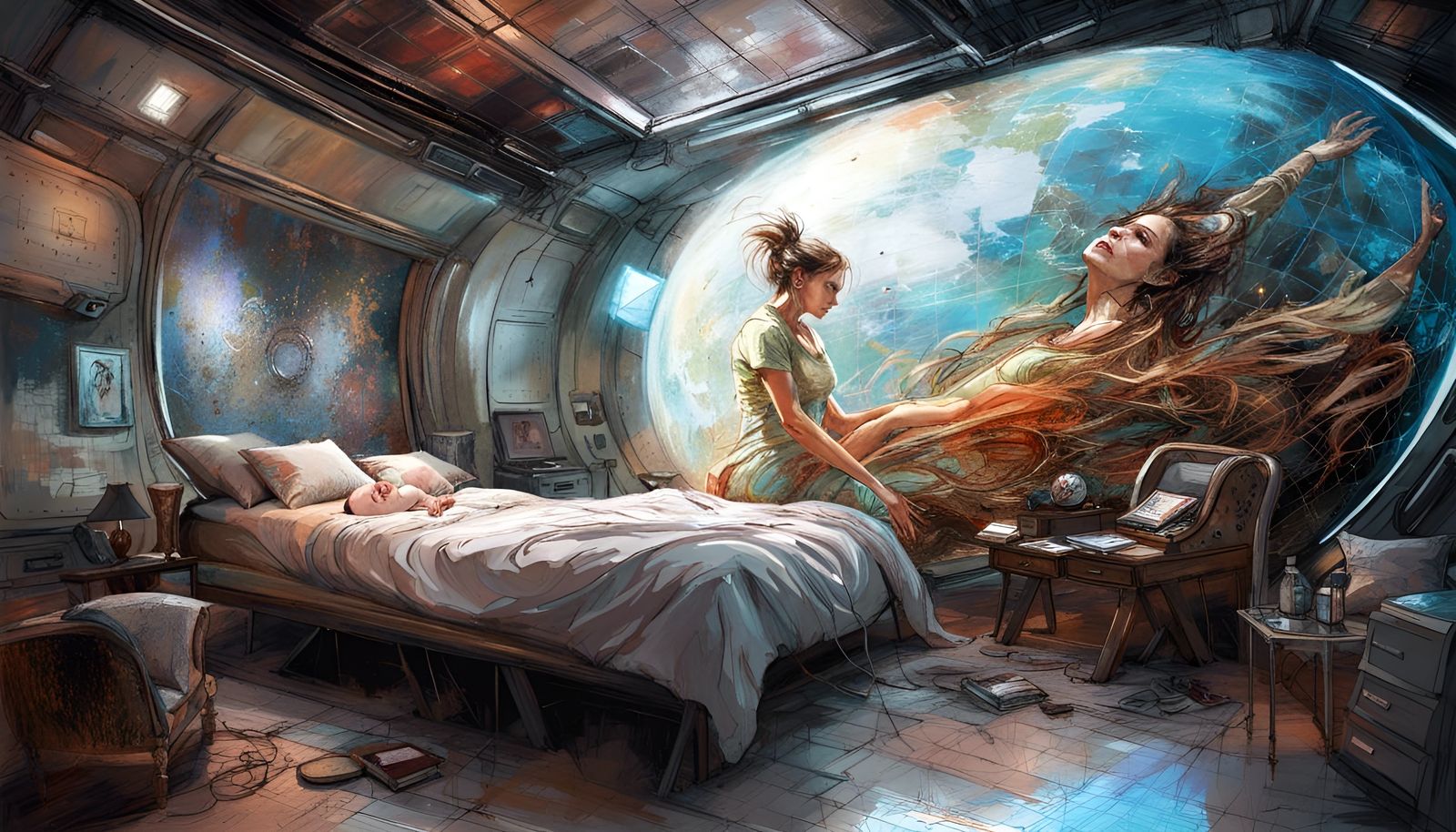 Luxurious Spaceship Bedroom with Globe, Glossy Illustration