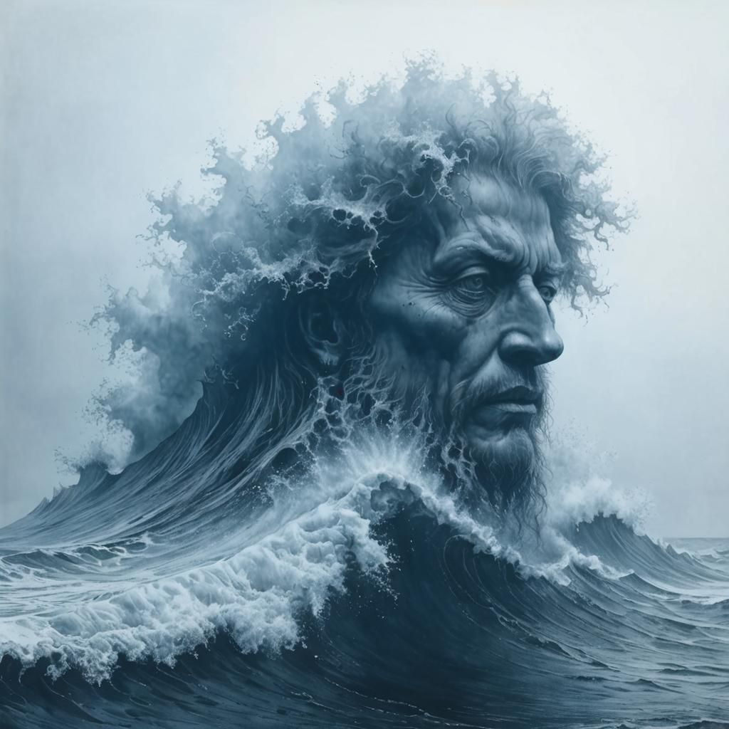 Water Elemental Face in Towering Wave, Charcoal Drawing