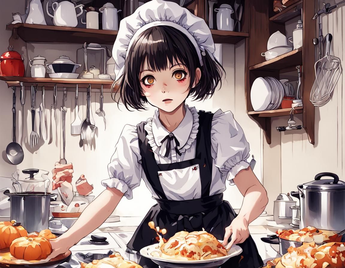 Anime Poltergeist in Maid Costume with Floating Kitchenware
