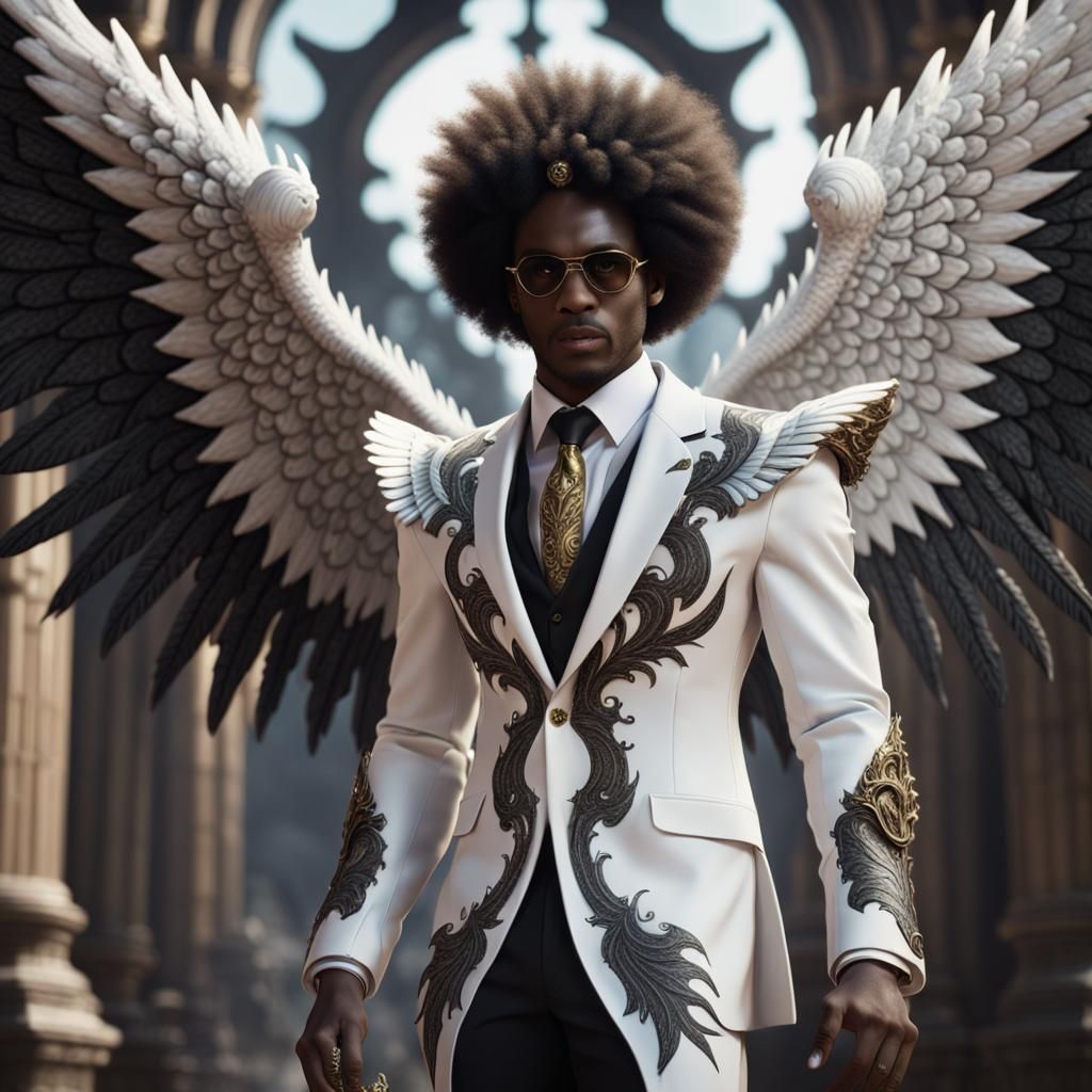 Black Man with Angelic Demon Wings in Suit