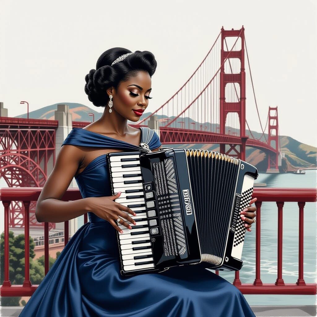 Woman Plays Accordion on Golden Gate Bridge in Charcoal Draw...