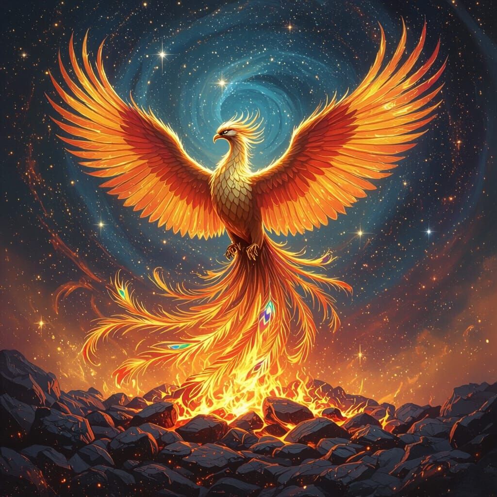 Majestic Phoenix Rises From Embers in Cosmic Vortex