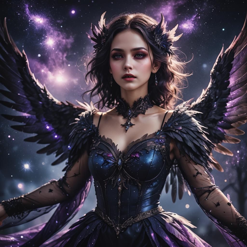Gothic Woman with Wings Flies in Dark Fantasy Art