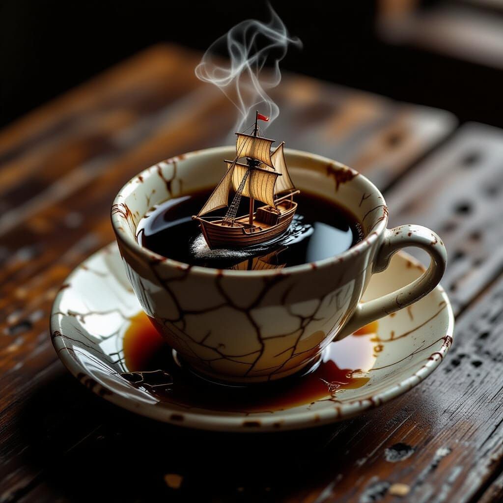Surreal Sailing Ship Navigates Spilled Coffee on Table