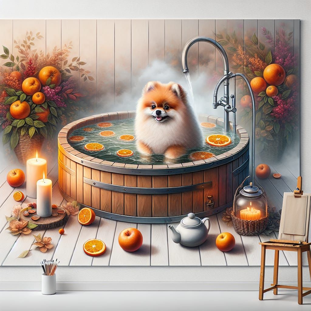 Whimsical Watercolor Jacuzzi Scene with Cute Pomeranian and...
