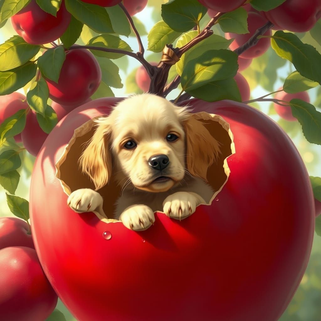 Golden Retriever Puppy Peeks From Giant Apple