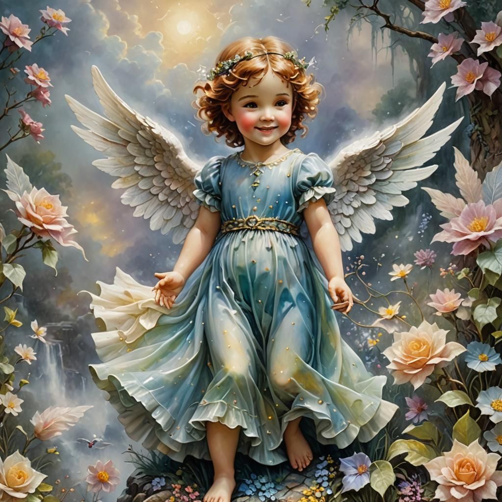 Relief of a beautiful little angel with a smile, full body, protect my dreams. highly detailed, vibrant, realistic,