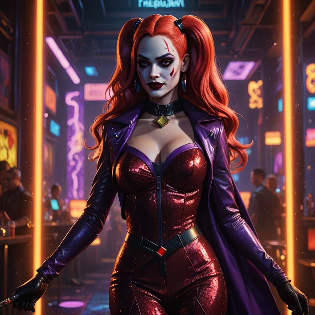 Harley Quinn in Sultry Jessica Rabbit Costume, Neon Nightclu...
