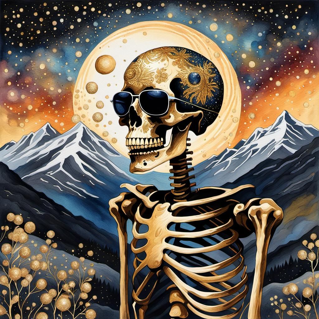 Skeleton in Sunglasses with Gold Sparkles: Watercolor Art