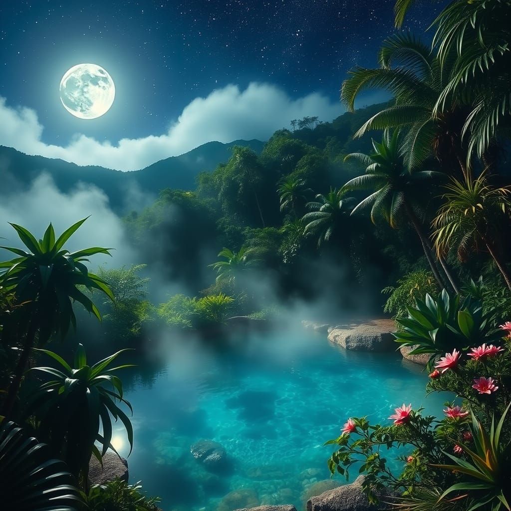 Luminous Moonlit Oasis in Jamaica's Mountains